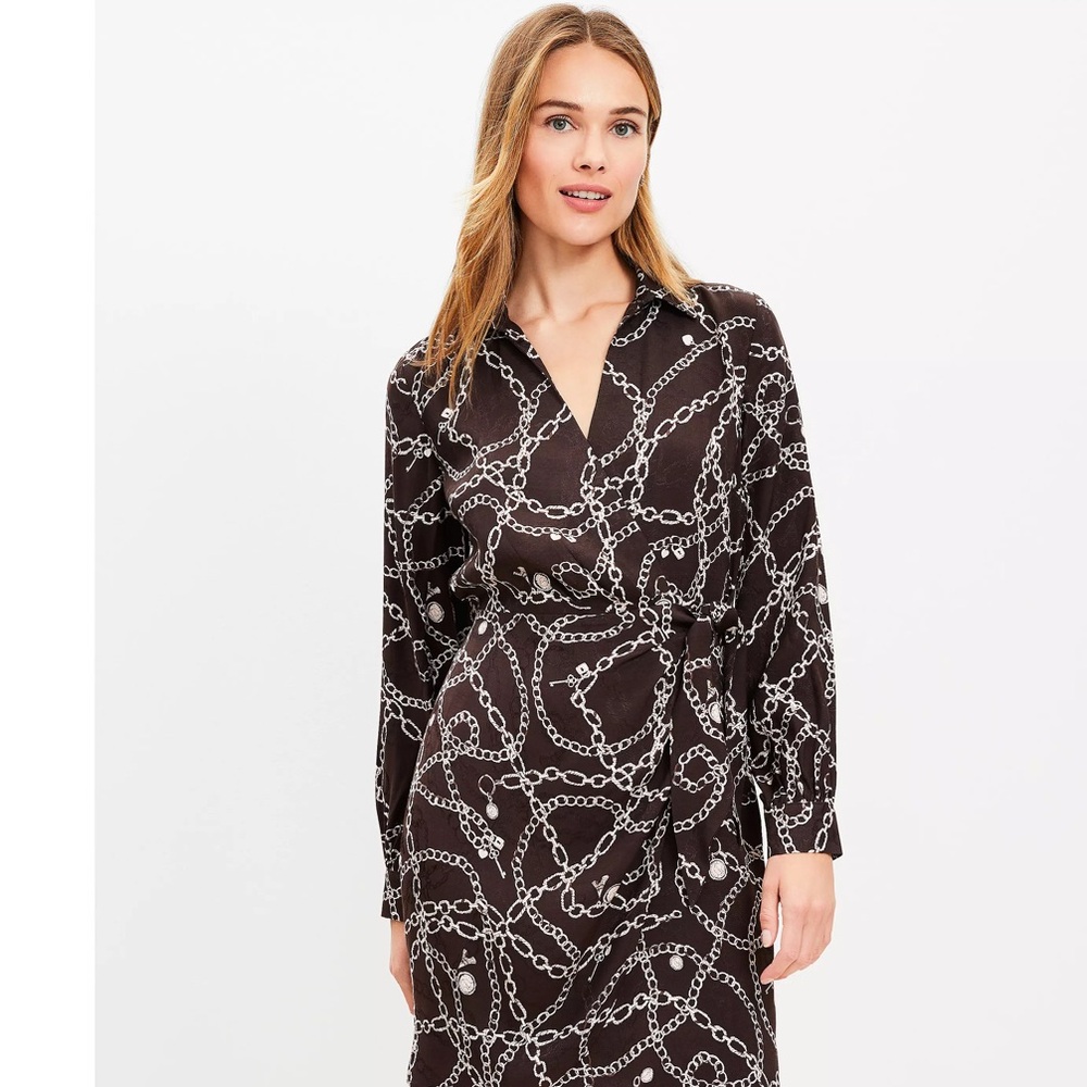 NWOT LOFT CHAIN PRINT‎ BROWN CLASSY WRAP DRESS WOMENS SIZE 10